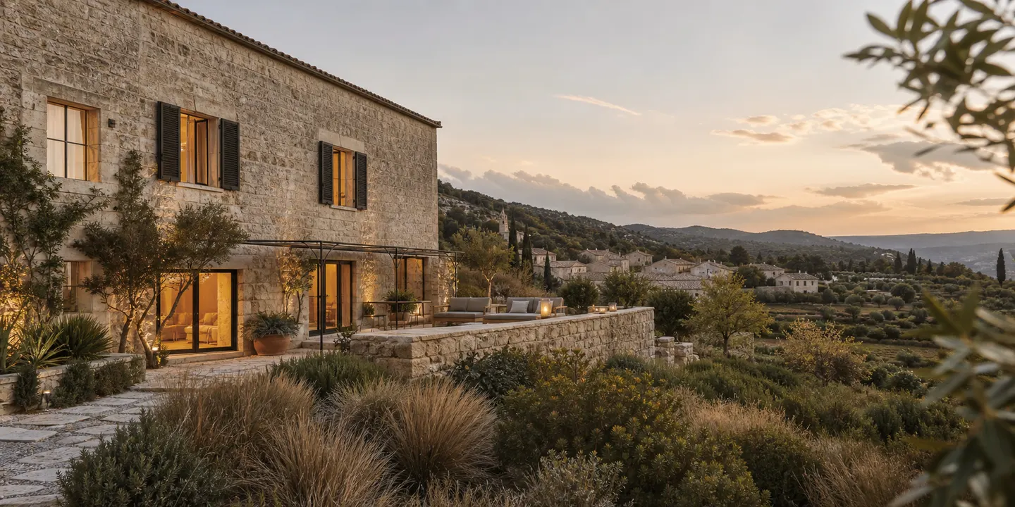 Maison Alta, maison d'hôtes en pierre ouverte sur un paysage de collines.