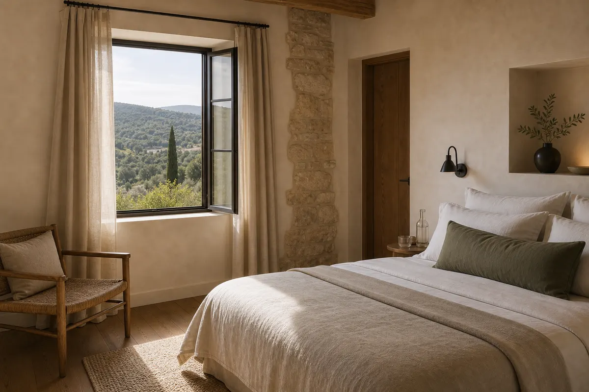 Chambre claire avec lit en lin, mur en pierre et vue sur les collines.