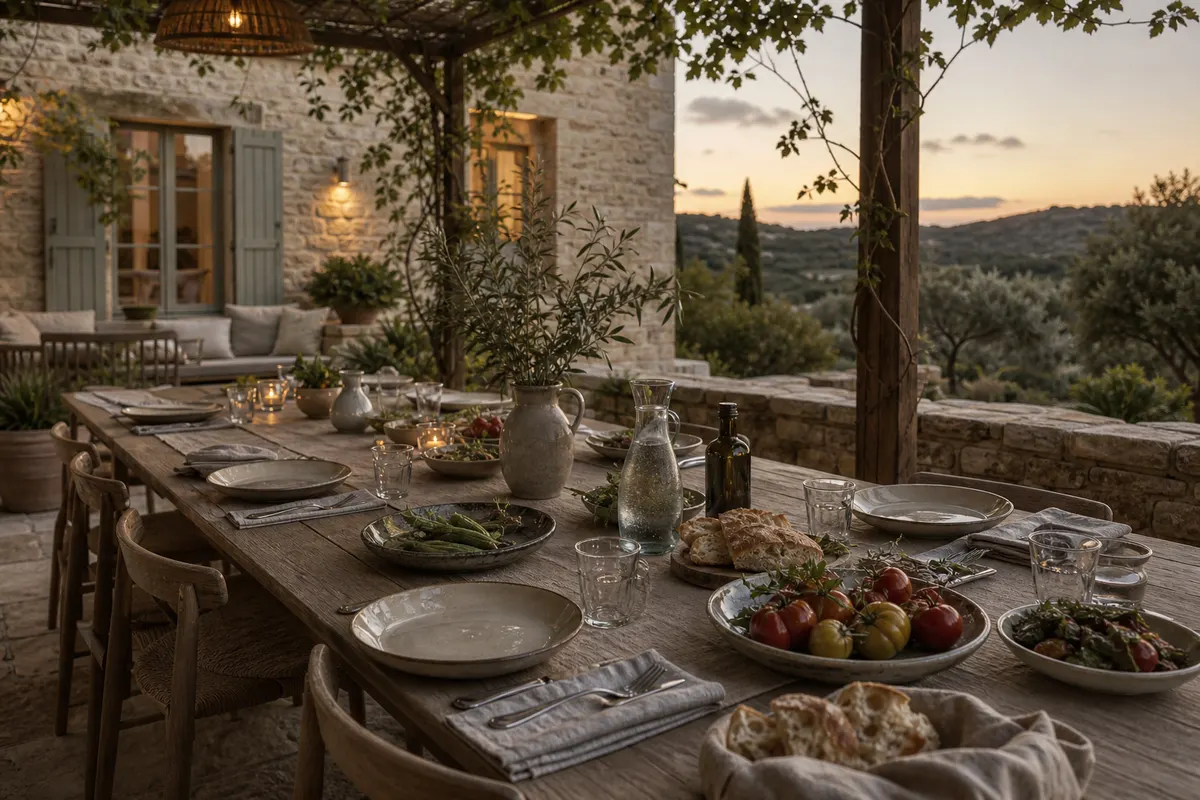Table d'hôtes dressée sous une pergola face au paysage.